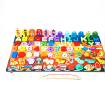 Puzzle Montessori joc educativ din lemn, cu set extins de litere, cifre si undita magnetica