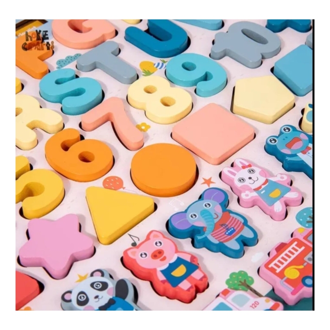 Puzzle Montessori, jucarie din lemn educativa, cu set extins litere, cifre si undita magnetica