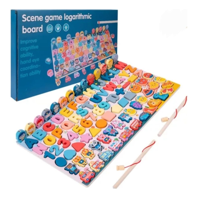 Puzzle Montessori, jucarie din lemn educativa, cu set extins litere, cifre si undita magnetica