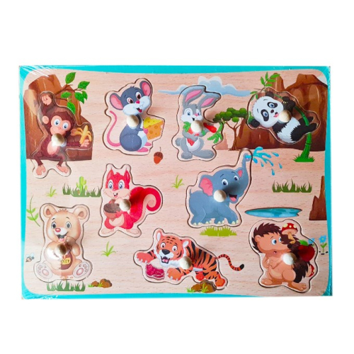 Puzzle din Lemn, incastru (cu pioneze), model Animale Vesele