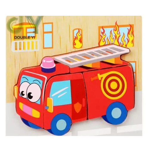 Puzzle din lemn, cu piese mari pentru copii si bebelusi; model Camion Pompieri