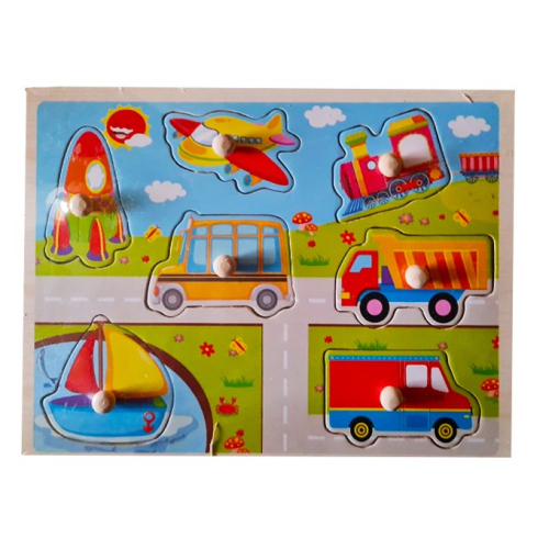 Puzzle incastru din lemn, pentru copii, cu pioneze, model msini in trafic